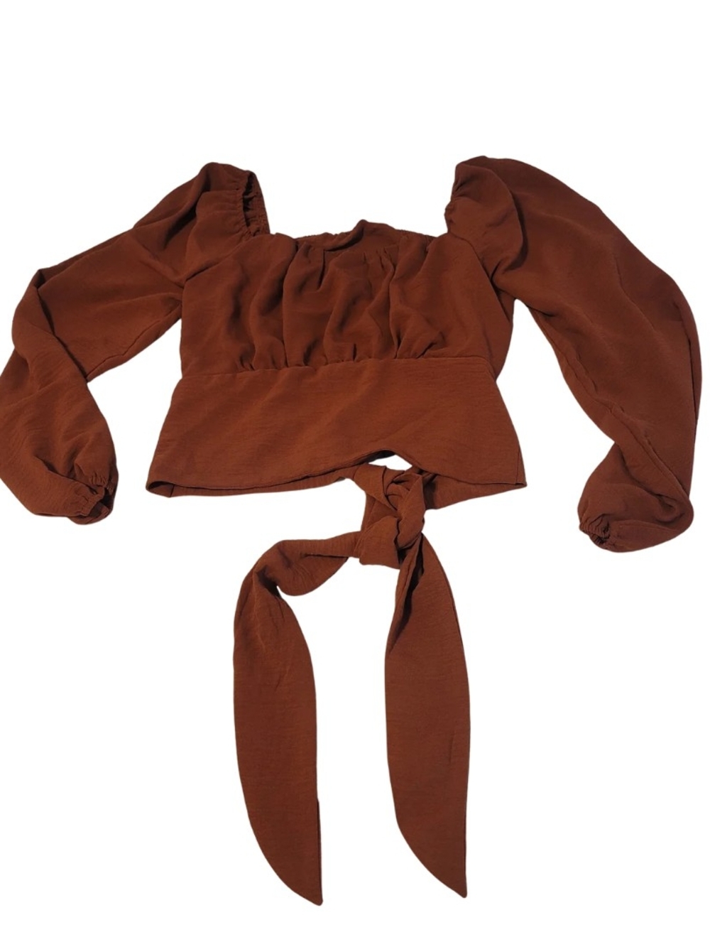 Women's Rust Tie-Front Puff Sleeve Crop Top